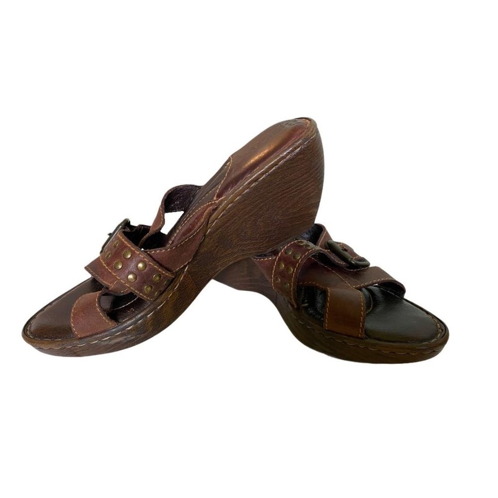 Born Brown Leather Buckle Wood Wedge Sandal